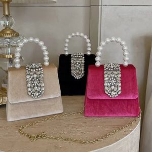Evening Bag Glittering Bucket Pearl Handle Handbag Crystal Velvet Handbags Luxury Diamond Clutch Purse Wedding Party 231115