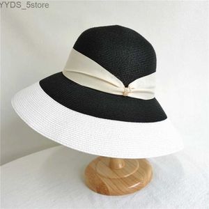 Breda randen hattar hink hattar klassiska breda brim kvinnor sol hattar svart bandband sommarstratt ner vände breck kyrka hatt förpackbar semester derby hatt yq231116