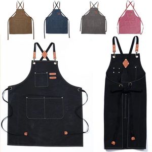 Aventais 2023 moda unisex trabalho avental de lona ajustável cozinhar cozinha com bolsos para homens e mulher restaurante bar loja 231116