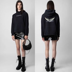 Zadig et Voltaire Womenパーカースウェットシャツ23冬の新しいフレンチニッチZadigフロントレターバックウィングホワイトインクデジタルプリントフリースパーカーZadig Voltaire