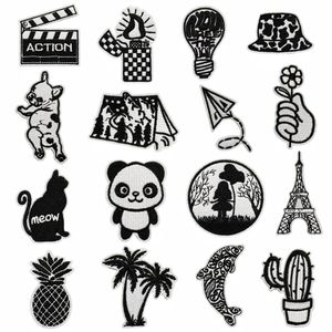 Iron on Patches Black White Cactus Pineapple Patch Cute Cat Embroidered Applique DIY Craft Repair Badge for Down Jacket Vest Clothing