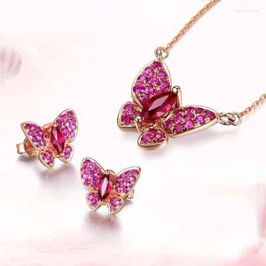 Necklace Earrings Set 2023 Personalized Ruby Butterfly Pendant Female Horse Eye Rose Red Color Treasure Love Flower Suit