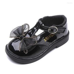 Flat Shoes Little Girls Black Party Lace Bow-Knot T-Strap Fashion Princess Kids Leather Flats Kindergarten 21-30