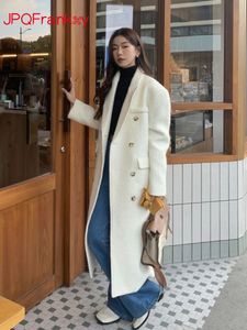 Женское шерстяное пальто из искусственного меха, осень-зима 2023, белое модное корейское толстое длинное пальто 231115
