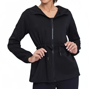 Lu Yoga Outfits Breathable Quick Dry Black Zip Waist Drawstring Eyelet Design Cardigan Hoodie Tops Casual Jacket Gym Workout Clothes Sports Joggers for Women