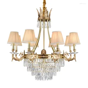 Chandeliers DINGFAN European Style All Copper Fabric Lampshade Crystal Chandelier Living Bedroom El Dining Decorative Pendent Light