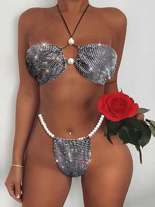 Costumi da bagno da donna Moda donna Set bikini lucido Costume da bagno a rete scozzese con strass glitter Reggiseno scava fuori Perla Vita regolabile Perizoma da donna