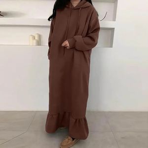 Basic Casual Dresse Maxi Sweatshirt Dress Hooded Fleeced Solid Color Loose Sundress Autumn Winter Ruffles Long Hoodie Streetwear 231116