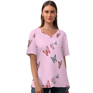 Camiseta de borboleta feminina tshirt de borboleta de manga curta simples camisa de camisa desgaste v estampado de pescoço enorme