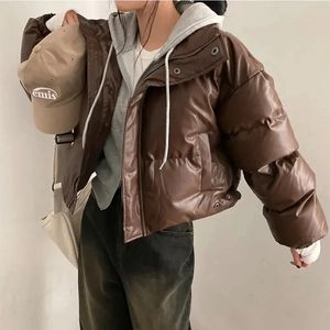 Women's Down Parkas Leather Padded Women's Cold Thick Short Coat Stand Collar Winter Solid Loose Zipper Button Female Warm Jacket Streetwear 231115