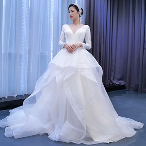 Elegant A-line Women Wedding Dress 2024 Deep V-neck Long Sleeves Ruffles Tulle Satin Court Train Bridal Bride Gown Vestidos De Noiva Robe De Mariage