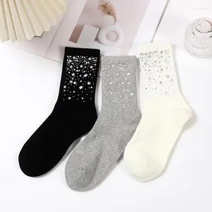 Women Socks 1 Pair 2023 Exquisite Rhinestone Decorative Cotton Light Luxury All-Match Ins Style Middle Tube