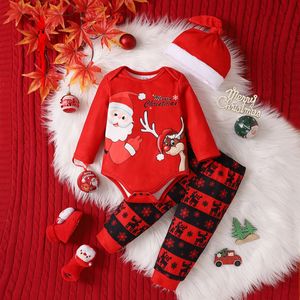 Рождественский комбинезон из 3 предметов, осенне-зимний комплект для девочек и мальчиков, кардиган с круглым вырезом и рукавами лося, длинные штаны, теплая красная одежда для малышей 231115