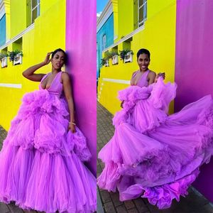 Fuchsia Halter Ball Gown Prom Dresses Deep V-Neck Sexy Tiered Pleated Evening Dress African Arabic Black Lady's Gowns Party Club