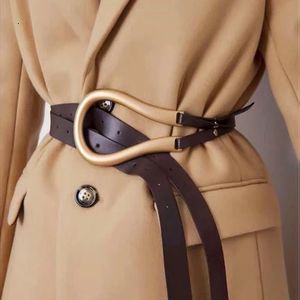 Other Fashion Accessories Genuine Leather double Belts Luxury Metal U Buckle belt women girls retro vintage large for coat jeans black white 231115