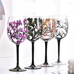 Copos de vinho quatro estações árvore artesão pintado amantes da arte grande copo de vidro para presentes de vidro