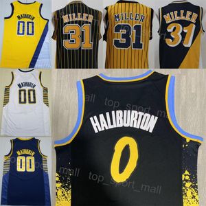 Dikişli Şehir Basketbol Tyrese Haliburton Jersey 0 Erkek Bennedict Mathurin 00 Reggie Miller 31 Vintage Team Siyah lacivert Beyaz Sarı Renk Spor hayranları için