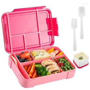 Durable Rose Red 5-Compartment Bento Lunch Box with Salad Dressing Container for Kids and Adults