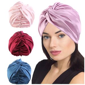 Icke-slip elastisk twist satin motorhuven sömnmössa för kvinna flicka lockigt långt hår damer nattklubba beanies hatt kvinnliga turbaner