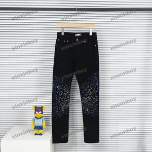 xinxinbuy män kvinnor designer byxa förstörde brev stänk färg smal passform elastiska jeans vår sommar casual byxor svart grå s-xl