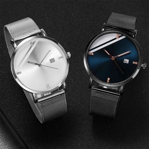 Wristwatches Unique Calendar White Dial Male Elegant Silver Case Quartz Watch Comfortable Stainless Steel Mesh Strap Men Year Gifts