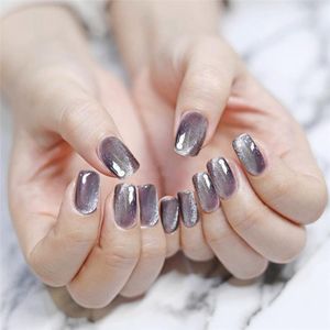 False Nails 24pcs Purple Gray Fake Nail With Design Glue Type Removable Short Paragraph Fashion Manicure Accessories Art Tools NN