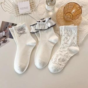 Meias femininas cor sólida branco lolita doce meninas kawaii bonito bowknot princesa jk estilo japonês rendas babados sox