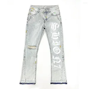 Men's Jeans High Street Man's Y2k Baggy Letter Print Open Hem Flared Denim Heavy Weight Pants Ripped On Knee Male Trousers