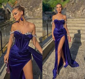 Purple Prom Dresses New Sexy Split Evening Gowns Elegant Off Shoulder Beads Crystals Long Women Occasion Party Celebrity Gowns