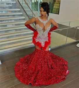 Sequin Sparkly Red Prom Dress For Black Girls Feather Mermaid Plus Size African Evening Gowns Sexy Open Back Beaded Party