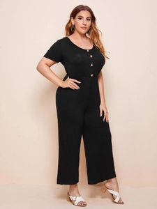 Hosen plus Größe eleganter Sommer Frühling Deep V-Ausschnitt zurück Kurzschlärm Jumpalls Women Button Front Elastic Taille Wide Bein 7xl