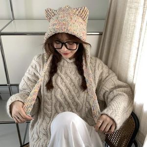 Berets Cute Kitten Winter Korean Hat Warm Knitted Scarf Integrated Ear Protection Headband For Women