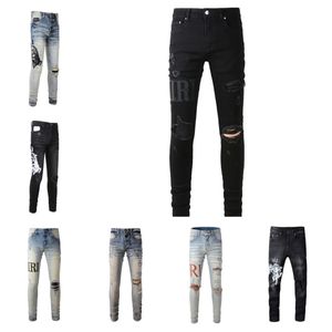 Designer Stack Moda Jeans Europeu Roxo Jean Marca Vintage Pant Mens Dobre Homens Slim Bordado Quilting Rasgado para Tendência Zipper Fly Skinny Hole L5