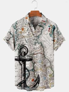 Men's Casual Shirts Summer Men's Short Sleeve Shirt Fashion Airplane Canada Map Ocean Sail Print Button European Size