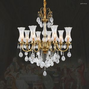 Żyrandole w stylu europejskim miedziany kryształ żyrandol francuska luksus villa el salon dekoracyjne mosiężne szklane lampy LED LED Light