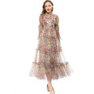 Women's Runway Dresses Ruffled Collar Long Sleeves Embroidery Tiered Ruffles Elegant Floral Maxi Designer Vestidos