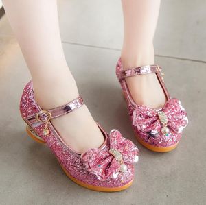 Flat Shoes Princess Kids Läder för flickor Casual Glitter Children High Heel Dance Farterfly Knot Blue Pink Silver Rose