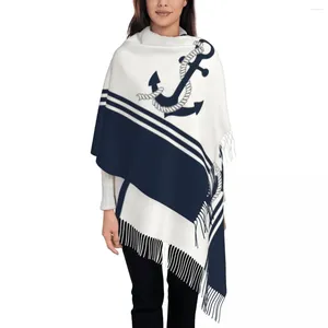 Scarves Women's Tassel Scarf Nautical Blue Anchor Large Winter Fall Shawl Wrap Marine Stripe Anchors Daily Wear Cashmere