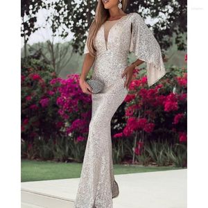Casual Dresses Elegant Y2K Chic Batwing Long Sleeve O Neck High midje korsett Mermaid Evening Dress Prom Gown paljetter Party for Women