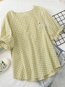 Damenblusen Hsa 2023 Female Plaid Short Sleeve ONeck Loose Shirts Sunflowers Embroidery Bluse Tops Long Chic Roupa Feminina