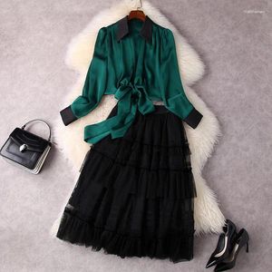Work Dresses European And American Women's Wear Spring 2023 Long Sleeve Green Cardigan Shirt Lace Gauze Pleated Skirt Fashion Suits
