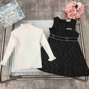 Agasalho de luxo vestido de bebê conjunto outono meninas partydress tamanho 100-150 suéter de cor sólida e vestido de lapela sem mangas nov15