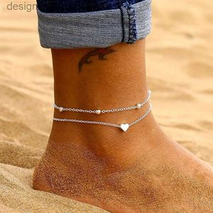 Anklets LETI Two Layers Chain Heart Style Gold/Silver Color Anklets For Women Bracelets Summer Barefoot Sandals Jewelry On Foot LegL231116