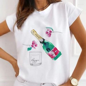 Koszulki damskie Fasion kobiety luźne tee topy z krótkim rękawem w wino kawa kwiat nadruk damskie koszulki letnie żeńskie koszulki
