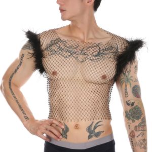 Coletes masculinos malha tanque tops strass sexy fishnet homens pelúcia brilho oco colete transparente palco desempenho roupas