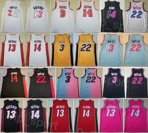 Mens Basketball City Tyler Herro Jersey 14 Jimmy Butler 22 Bam Adebayo 13 Dwyane Wade 3 Spor Hayranları için Dikişli Takım Siyah Kırmızı Beyaz Sarı Mavi Beyan Kazanıldı