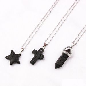 Pendant Necklaces Cross Star Hexagonal Prism Black Lava Stone Necklace Aromatherapy Essential Oil Per Diffuser Pendant Women Men Jewel Dh6Ui