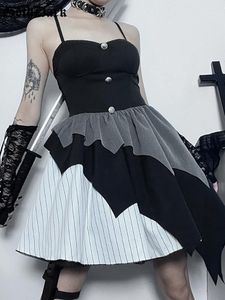 Casual Dresses Goth Dark Patchwork Mall Gothic Cosplay Sexy Bat Hem Grunge Aesthetic Punk Women Mini Dress A-line Slim Emo Alt Clothes