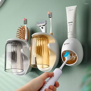 Badtillbehör Set tandkräm dispenser Automatisk squeezer badrumstillbehör väggmontering hållare tandborste rack arrangör