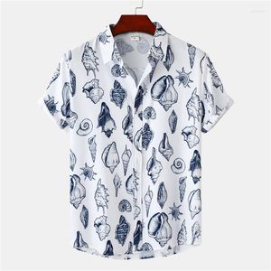 Men's Casual Shirts White Sea Snail Print Mens Hawaiian Shirt Short Sleeve Button Down Beach Party Holiday Clothing Chemise Homme XXXL